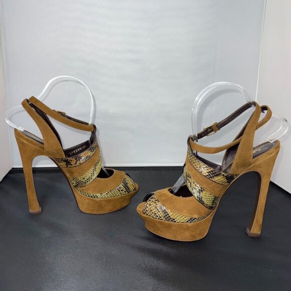 YVES SAINT LAURENT SNAKESKIN AND SUEDE PEEP-TOE SANDALS - Picture 3 of 8
